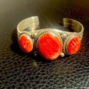 🧡🦪Sterling Silver 3 Lge Stone Spiny Oyster Shell Adjustable Cuff Bracelet Sz M